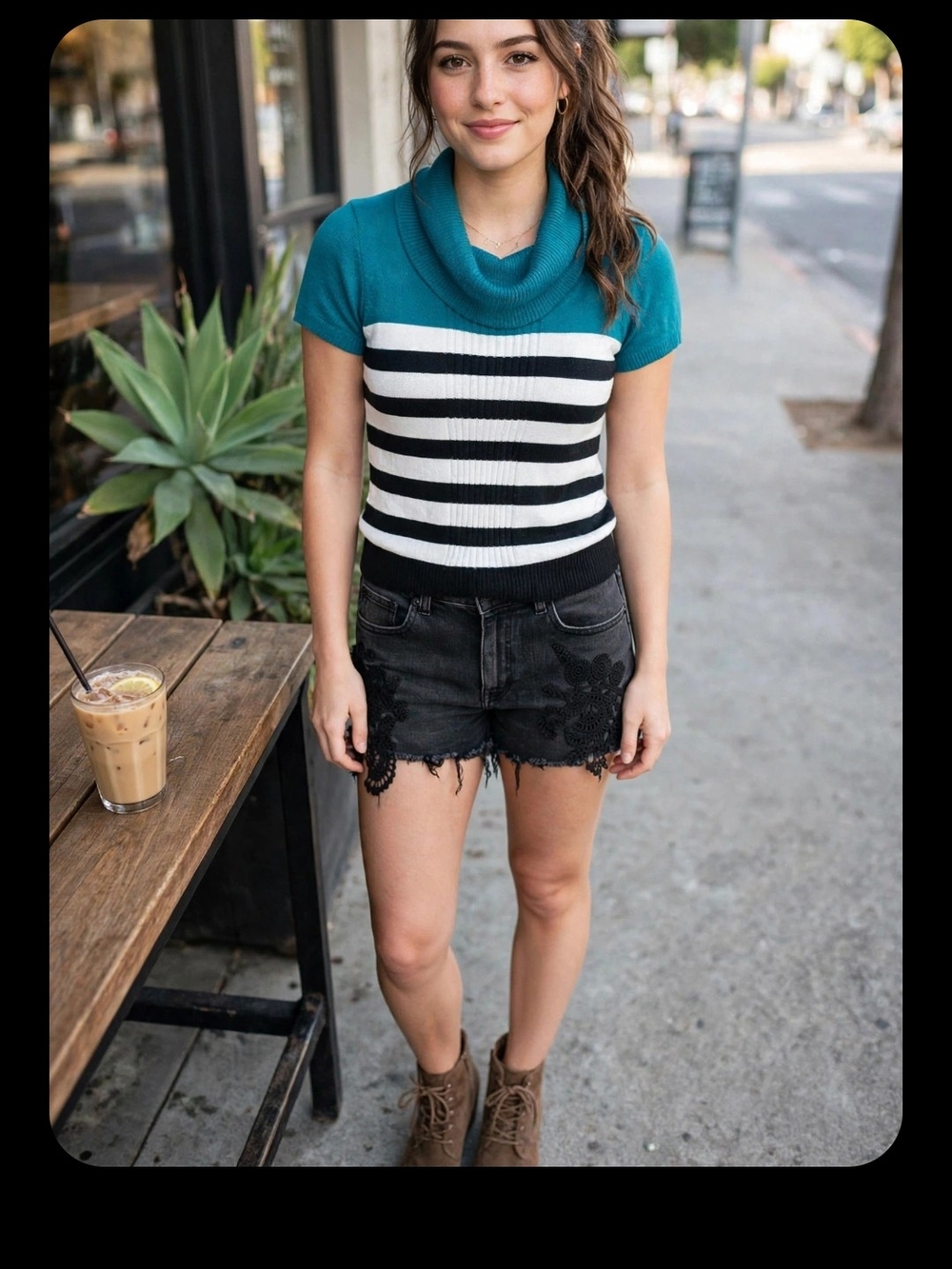 Teal & Black Striped Short-Sleeve Cowl Neck Sweater